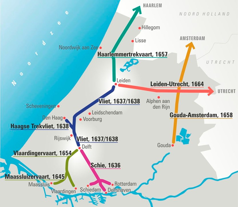 Een kaart met trekvaartroutes van Zuid-Holland naar Noord-Holland. (Kaart: Erfgoedhuis Zuid-Holland)