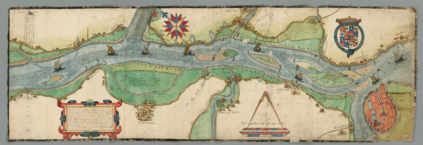 Gekleurde manuscriptkaart van M. Jansz. Been uit 1615 met onder andere Alblasserdam, Papendrecht en Krimpen aan de Lek. Duidelijk is het stratenpatroon uit die tijd zichtbaar en de plaats van de kerken. 