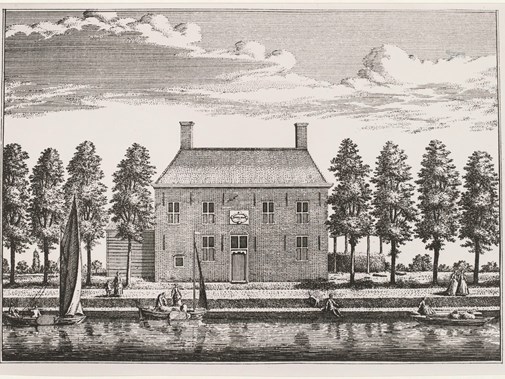 De voormalige droogmakerij-buitenplaats Uytermeer als ets opgenomen in Rynlands Fraaiste Gezichten. De ets is gemaakt door Abraham Rademaker (1675-1753). Bron: Erfgoed Leiden.