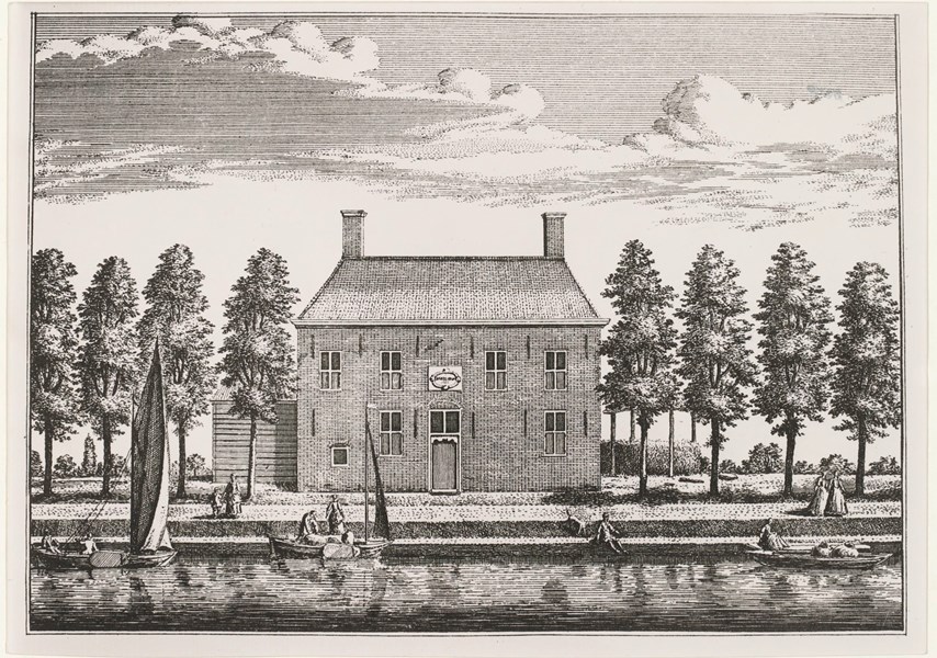 De voormalige droogmakerij-buitenplaats Uytermeer als ets opgenomen in Rynlands Fraaiste Gezichten. De ets is gemaakt door Abraham Rademaker (1675-1753). Bron: Erfgoed Leiden.