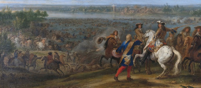 Fransen steken de Rijn over bij Lobith, schilderij van A.F. van der Meulen (Collectie Rijksmuseum)