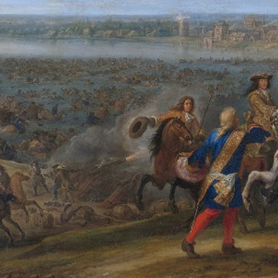 Fransen steken de Rijn over bij Lobith, schilderij van A.F. van der Meulen (Collectie Rijksmuseum)