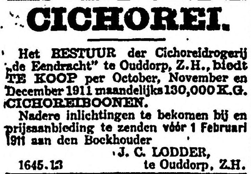 Advertentie waarin cichoreibonen te koop worden aangeboden (Nieuwe Rotterdamsche Courant, 13 januari 1911)
