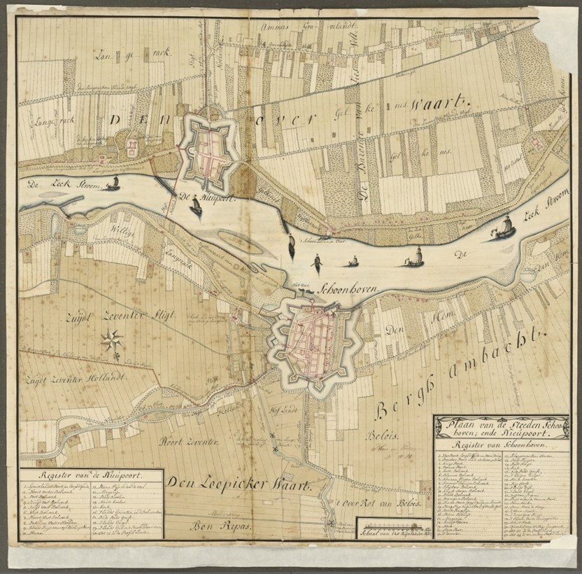Kaart van de Lek met Nieuwpoort en Schoonhoven uit 1727. Let op: de kaartrichting is niet noord-zuid zoals wij dat gewend zijn. Schoonhoven ligt in werkelijkheid ten noorden van de Lek, Nieuwpoort ten zuiden. (Collectie: Nationaal Archief)