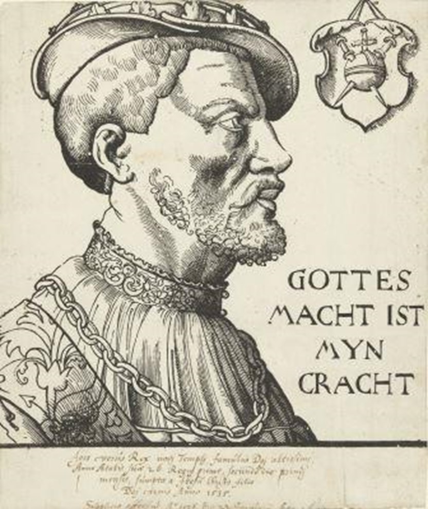 Portret van Jan Beukelsz van Leiden. Gedurende anderhalf jaar lang profileerde Jan Beukelsz zich als Koning Jan in Münster, compleet met een hofhouding en dertien vrouwen. (Colllectie Rijksmuseum)