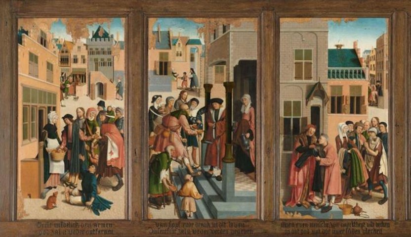 Detail van De zeven werken van barmhartigheid van de Meester van Alkmaar (1504), dat laat zien hoe een goed christen hulpbehoevenden moet helpen. 