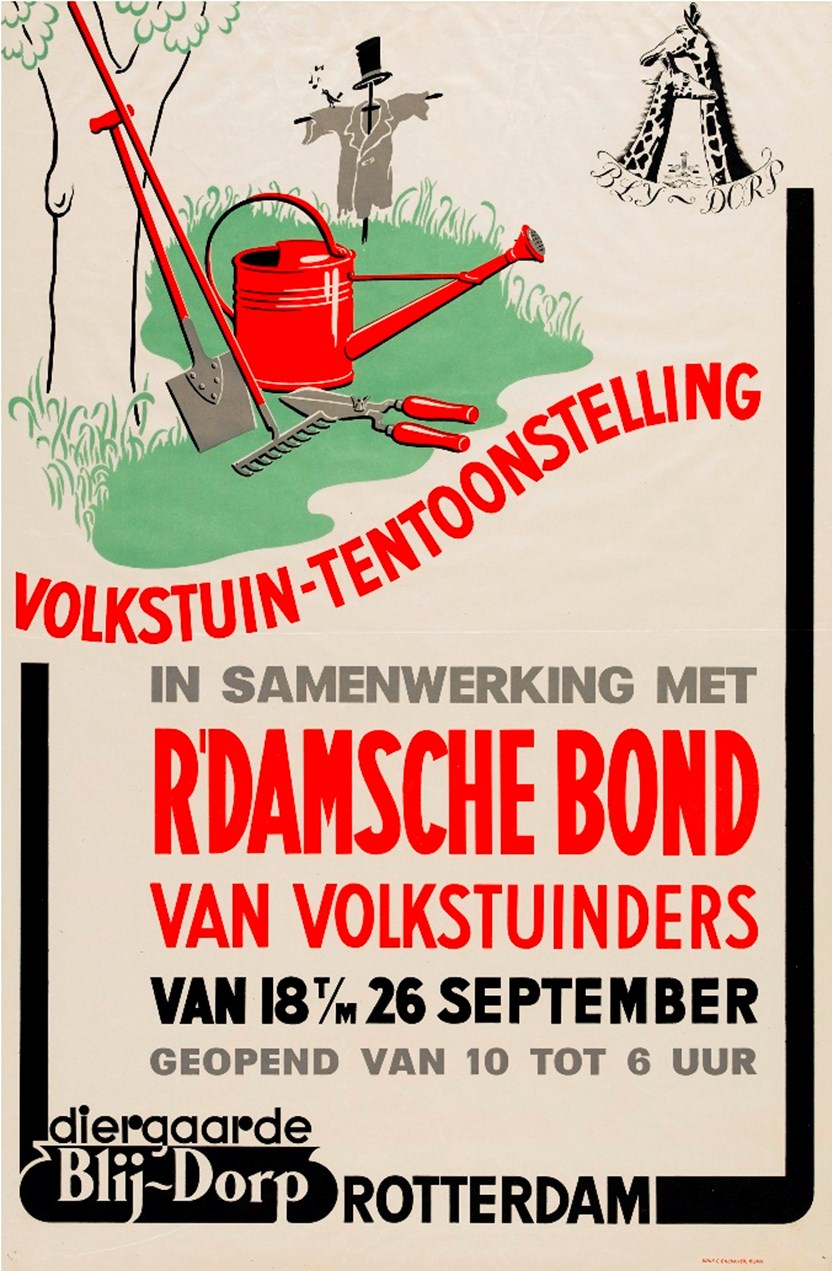 Affiche voor een volkstuintentoonstelling in samenwerking met de Rotterdamse Bond van Volkstuinders in Diergaarde Blijdorp in Rotterdam, september 1943 (Bron: Collectie Stadsarchief Rotterdam)