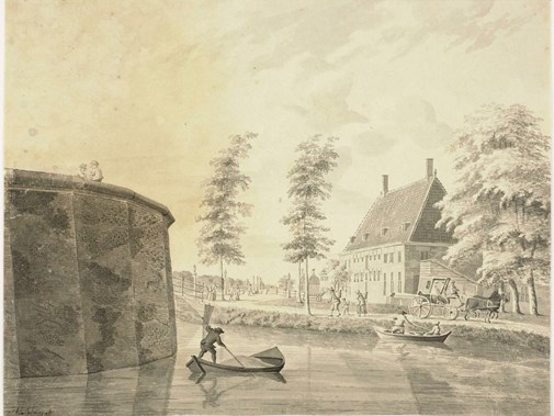 De Jagersstal buiten de Zijlpoort. Hier stonden de paarden van de trekschuit op stal – H. Keun 1770, Noord-Hollands Archief.