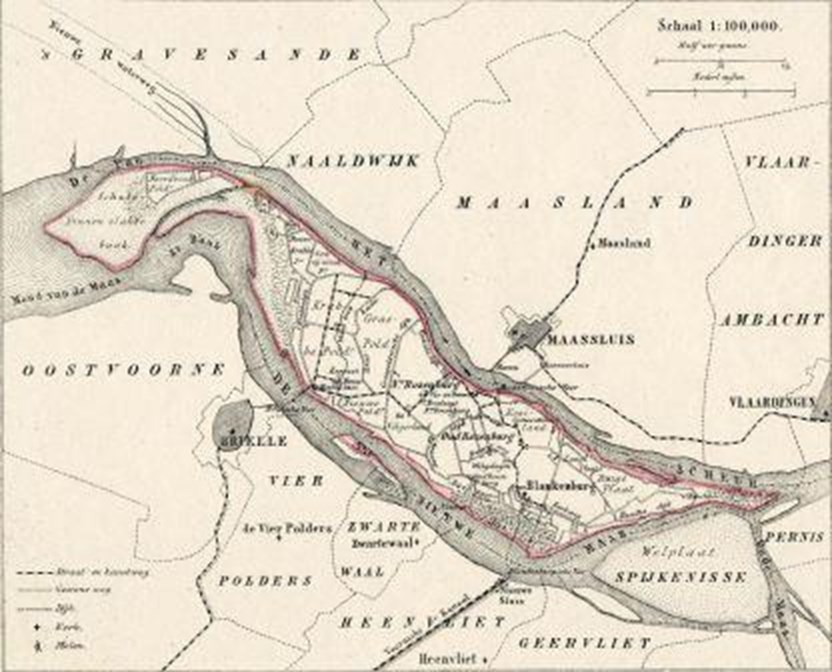 Kaart van Rozenburg en omgeving uit 1867 (Collectie Streekarchief Voorne-Putten)