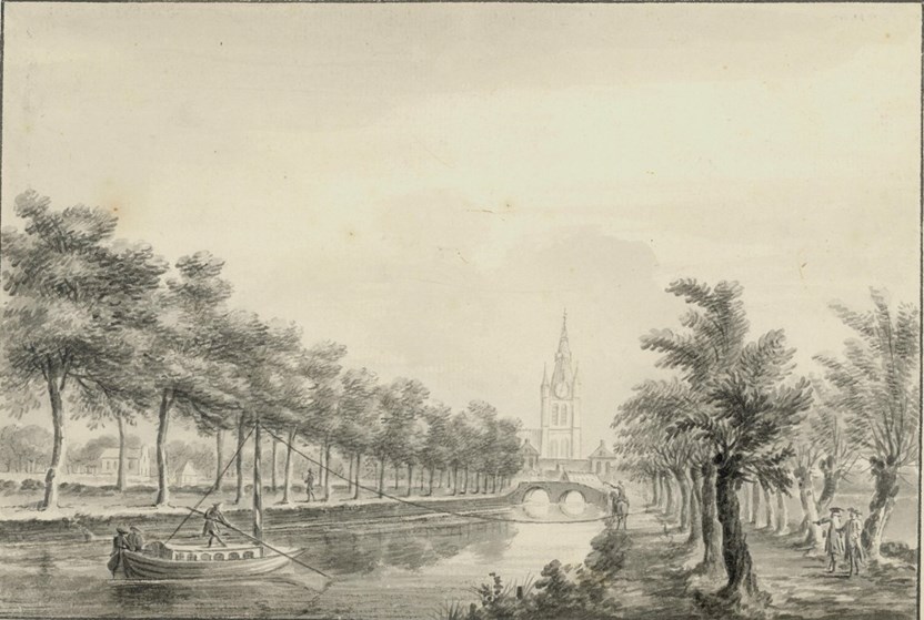 Gezicht op de Vliet met de Lepelbrug in de verte. Penseeltekening van Hendrik Thier, 1768 (Archief Delft)