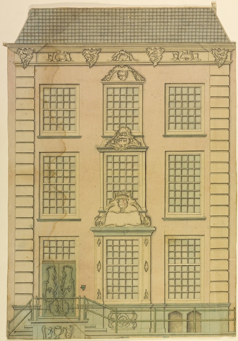 Ontwerptekening van Joseph Bollina voor de voorgevel van het Fundatiehuis, Oude Delft 49. (Collectie Erfgoed Delft)