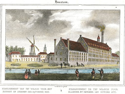 De katoenblekerij en – drukkerij van Thomas Wilson, 1840 (Noord-Hollands Archief). 