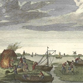 De zel-neering of het darinkdelven, zooals het oudtijds in Zeeland geoefend werdt uit: Jan Wagenaar, Vaderlandsche historiën, 1749. Gravure naar een schilderij aanwezig in Zierikzee.