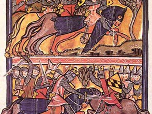 De oorlog tussen Karel de Grote en de Saksen, illustratie uit een 13e eeuwse editie van de Vita Karoli Magni van Einhard, Karl St. Gallen, Stiftsbibliothek, Ms. Vad. 302 II, fol. 35v. https://commons.wikimedia.org/wiki/File:Einhard_vita-karoli_13th-cent.jpg