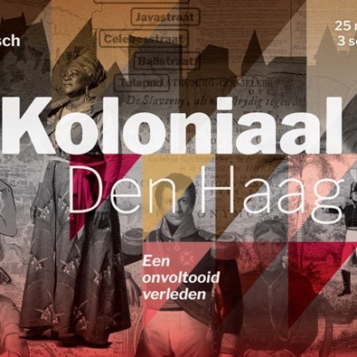 Historische prenten met de volgende teksten: Koloniaal Den Haag, een onvoltooid verleden. Haags Historisch Museum. 25 maart t/m 3 september 2023