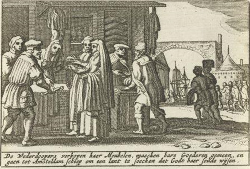 Verkoop van bezit en uittocht naar Münster. 17e-eeuwse prent van Pieter Hendricksz Schut (Collectie Rijksmuseum). Naar schatting gaven enkele duizenden personen gehoor aan boodschap om af te reizen.