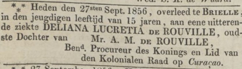 Het overlijdensbericht in de Opregte Haarlemsche Courant van1 oktober 1856, met betrekking tot de oudste dochter van De Rouville.