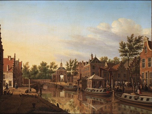 Leiden, met op de achtergrond de Marepoort. Vanaf hier vertrokken de trekschuiten naar Haarlem via de Haarlemmertrekvaart. Schilderij van Paulus la Fargue uit 1778 (Stedelijk Museum De Lakenhal, Leiden)