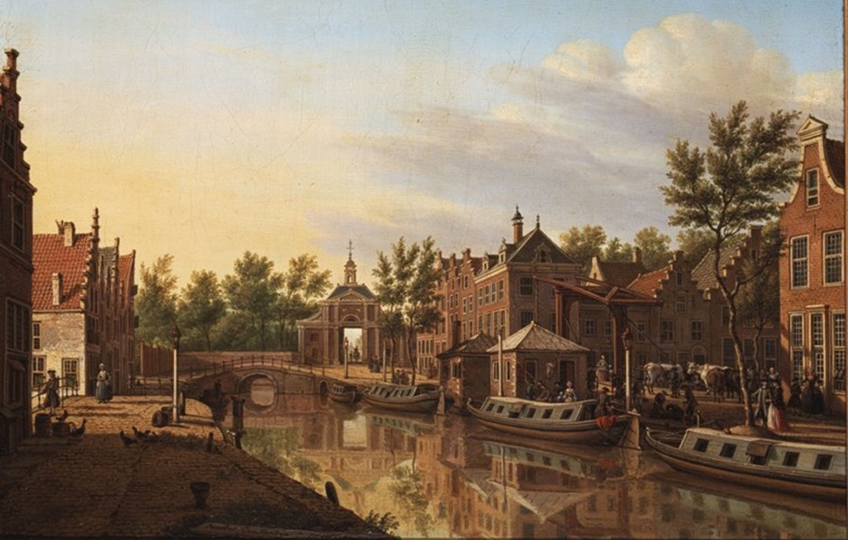 Leiden, met op de achtergrond de Marepoort. Vanaf hier vertrokken de trekschuiten naar Haarlem via de Haarlemmertrekvaart. Schilderij van Paulus la Fargue uit 1778 (Stedelijk Museum De Lakenhal, Leiden)