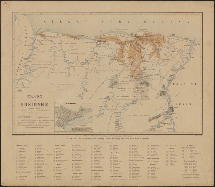 Kaart van Suriname met naamlijst der in ontginning zijnde plantages. Ontworpen en getekend door J. Kuyper. Gegraveerd door D. Huyse. Uitgave van de Vereeniging voor Suriname, Nationaal Archief Den Haag 
