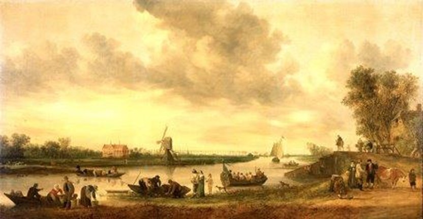 Jan van Goyen, Landschap met gezicht op de Vliet bij Voorschoten, 1642. Leiden is in de verte te herkennen aan de Mare- en Pieterskerk (Collectie Museum De Lakenhal, bruikleen Rijksdienst voor het Cultureel Erfgoed)