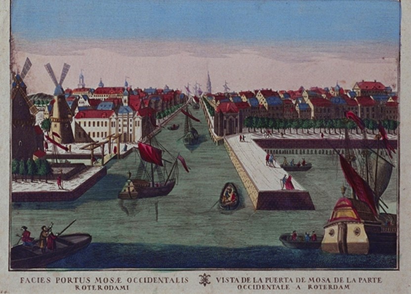 De westelijke Maashaven in de 18e eeuw (Collectie Museum de Lakenhal)