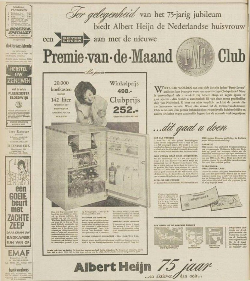 Sparen voor een koelkast bij de Albert Heijn, 16 mei 1962 (Bron: Leidsch Dagblad)