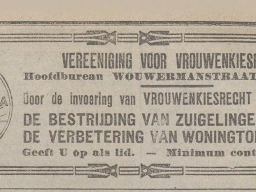 In het Rotterdams Nieuwsblad adverteert de Vereeniging voor Vrouwenkiesrecht in juni 1915 alvast met de programmapunten waarop vrouwelijke politici zich zullen manifesteren. (Bron: Delpher)