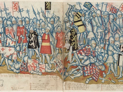 Illustratie uit "Brabantsche Yeetsen" van Jan van Boendale (14e eeuw) van Slag bij Woeringen (1288) (https://www.literatuurgeschiedenis.org)