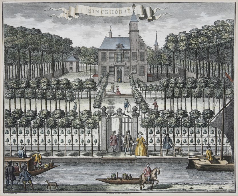 Op deze ingekleurde gravure naar Gerrit van Giessen uit 1729 is goed te zien hoe bewoners en gasten van kasteel De Binckhorst flaneerden in de tuinen. Op de voorgrond de Trekvliet. (Afbeelding Haags Gemeentearchief)