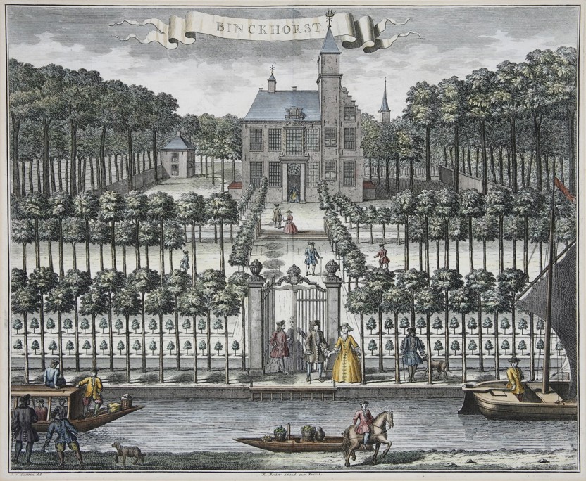 Op deze ingekleurde gravure naar Gerrit van Giessen uit 1729 is goed te zien hoe bewoners en gasten van kasteel De Binckhorst flaneerden in de tuinen. Op de voorgrond de Trekvliet. (Afbeelding Haags Gemeentearchief)