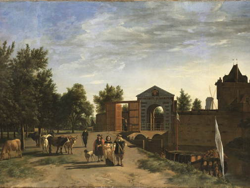 De Zijlpoort in Haarlem met rechts de Raakstorens. Links is het begin- en eindpunt van de trekschuit. Afbeelding: G. Berckheyde, ca. 1670. Noord-Hollands Archief