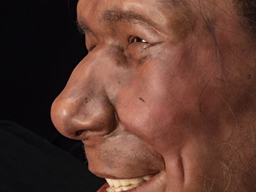 Reconstructie van “Krijn”, de “Nederlandse” Neanderthaler, op basis van een schedelstuk dat in de Noordzee gevonden werd, dicht bij de Zeeuwse kust. Krijn was een jonge man die zo’n 50 tot 30 duizend jaar geleden leefde. (Foto: Rijksmuseum van Oudheden)