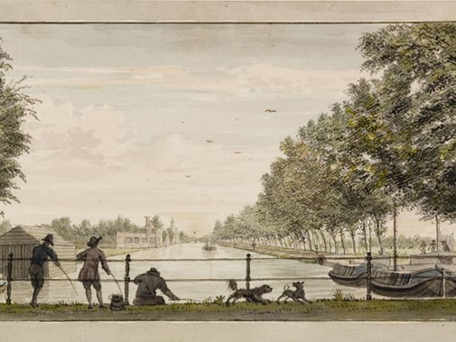 Het begin van de Leidsevaart bij de Raaksbrug en Brouwersvaart in Haarlem, ziende naar het zuiden. C. van Noorde 1761, Noord-Hollands Archief.