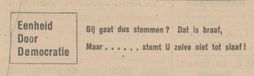 Advertentie van Eenheid door Democratie in de Delftsche  Courant, 25 mei 1937 (Delpher)