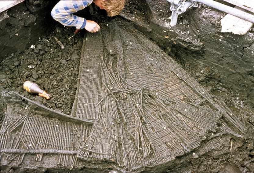 Een 6300 jaar oude fuik van kunstig aan elkaar geknoopte kornoeljetakken wordt vrijgelegd bij Bergschenhoek. (Foto: Rijksmuseum van Oudheden, Leiden)