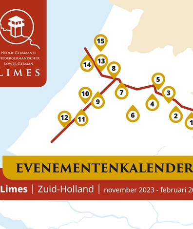 Tekstop afbeelding: Evenementenkalender Limes | Zuid-Holland | november 2023 - februari 2024 met logo van Neder-Germaanse Limes
